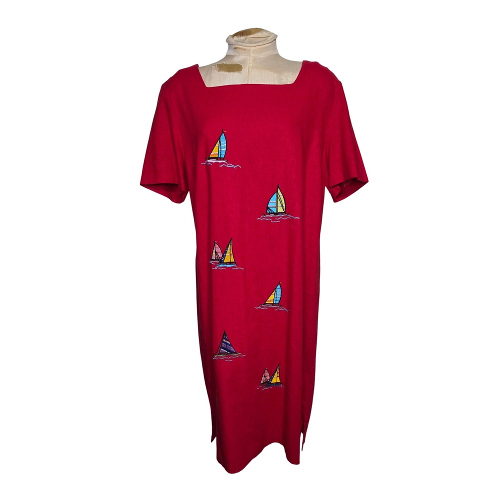 Country Concept‎ Womens Red Linen Blend Sailboat Embroidered Shift Dress Large
